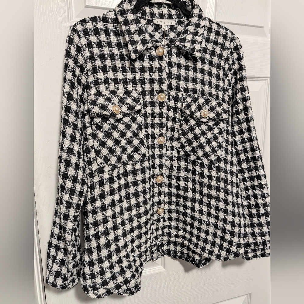 HYFVE Houndstooth Tweed Shacket Pearl Buttons Black White M NWT - Picture 2 of 12
